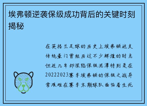埃弗顿逆袭保级成功背后的关键时刻揭秘